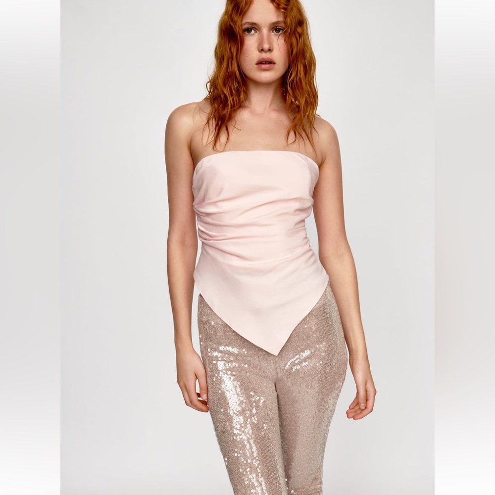 ZARA STRAPLESS SATIN EFFECT SCARF TOP SIZE S/L CHALK PINK  4661/019 NWT